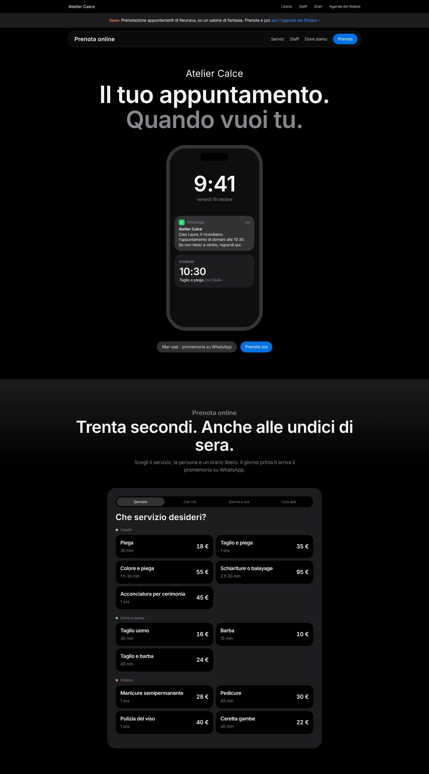 Sito di un salone con la prenotazione online: servizio, operatore, giorno e orario