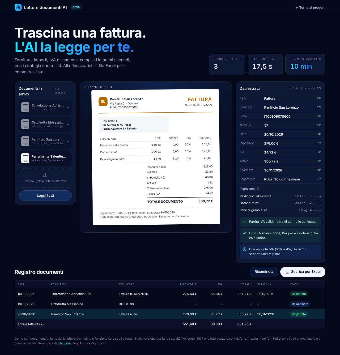 Gestione fatture con l'AI: fattura letta, dati estratti e registro per Excel